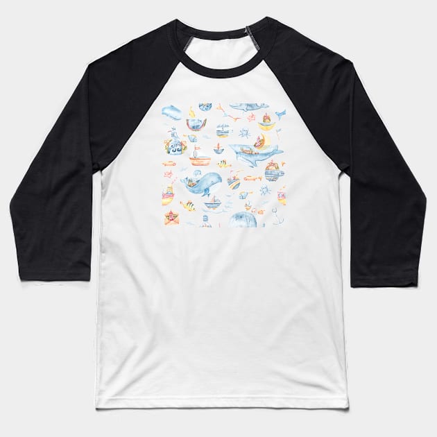 Watercolor cute whales and fish seamless pattern Baseball T-Shirt by tiana geo
